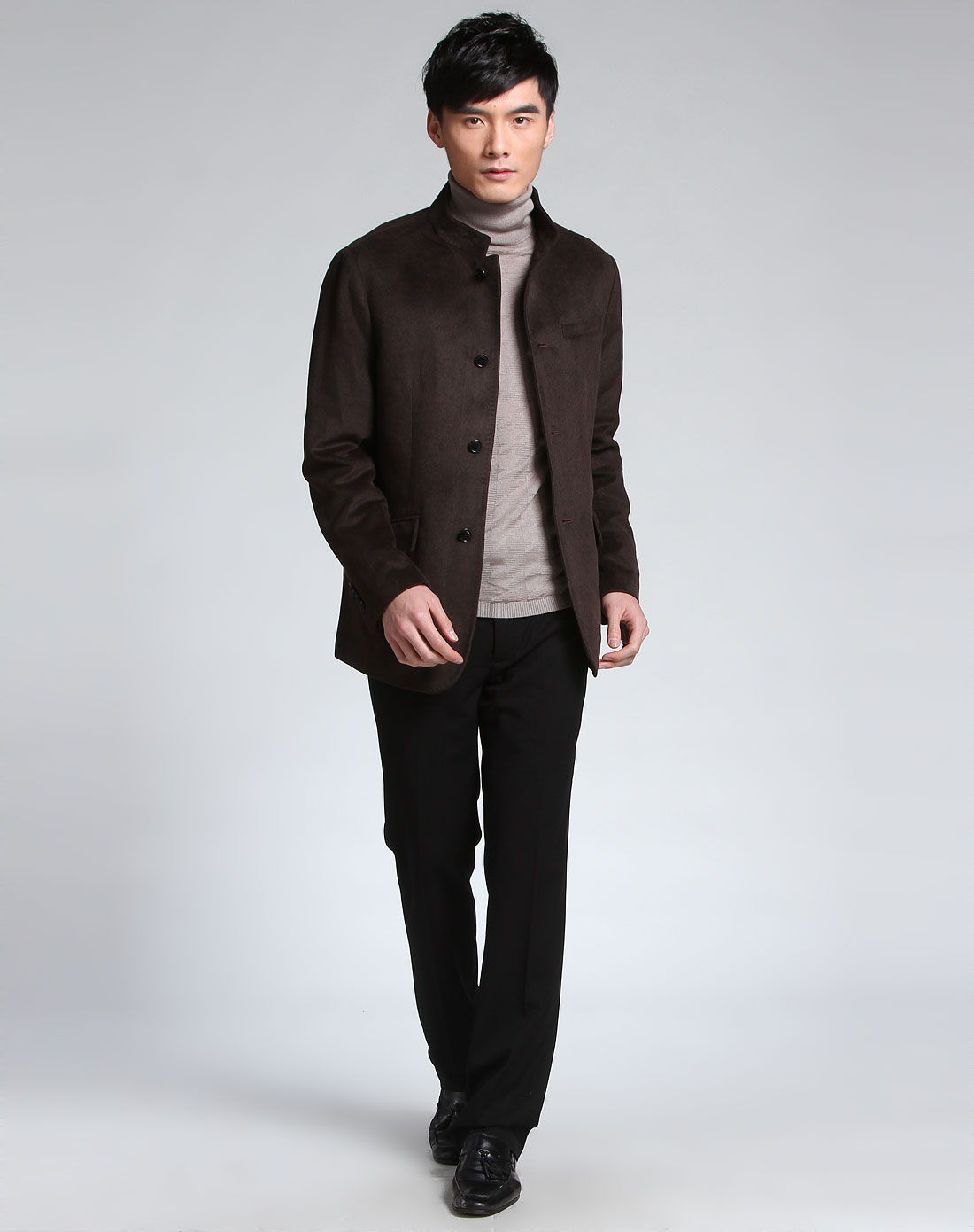 克莱蒙梭clemenceau男装专场-深啡色立领时尚长袖毛呢外套
