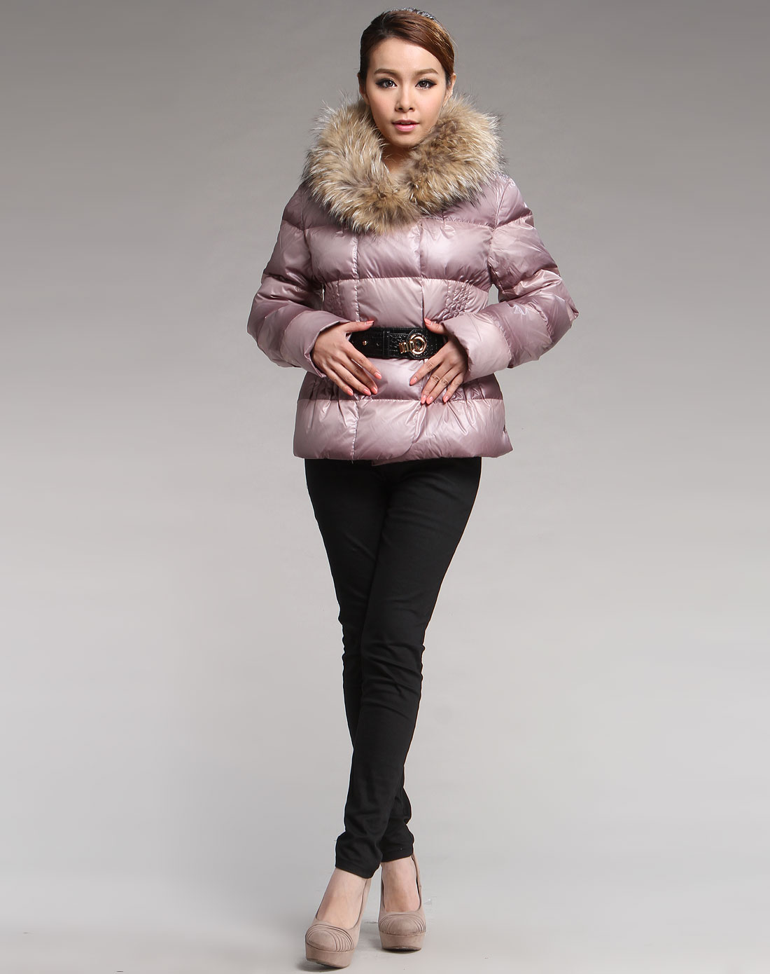 杰奥jieao男女装女款浅香槟色时尚渐变收腰长袖短款羽绒服39130617_唯