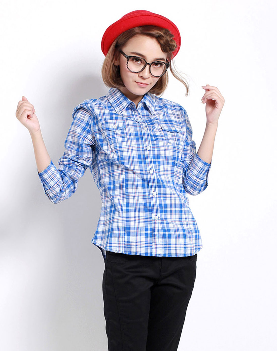 女款浅蓝色多彩色织格衬衫