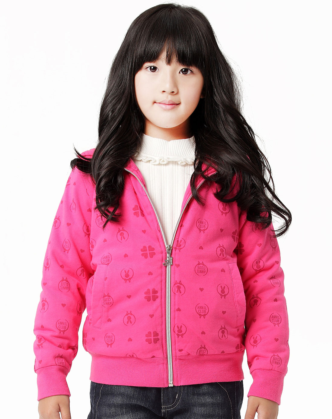 女童红底兔头圆圈花针织印花外套