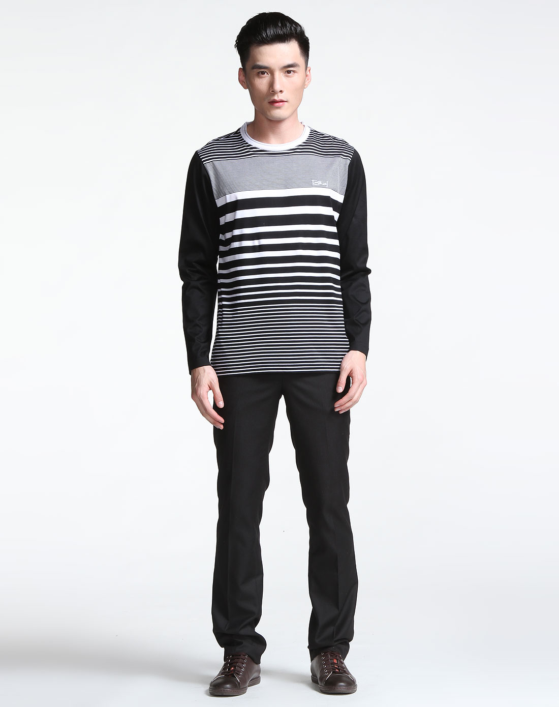 宾度j.benato男装专场-黑色圆领间条长袖t恤