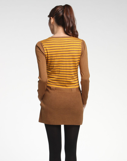 卡尔丹尼诗黄拼浅啡色条纹烫钻优雅长袖针织羊毛衫km1294-08_唯品会