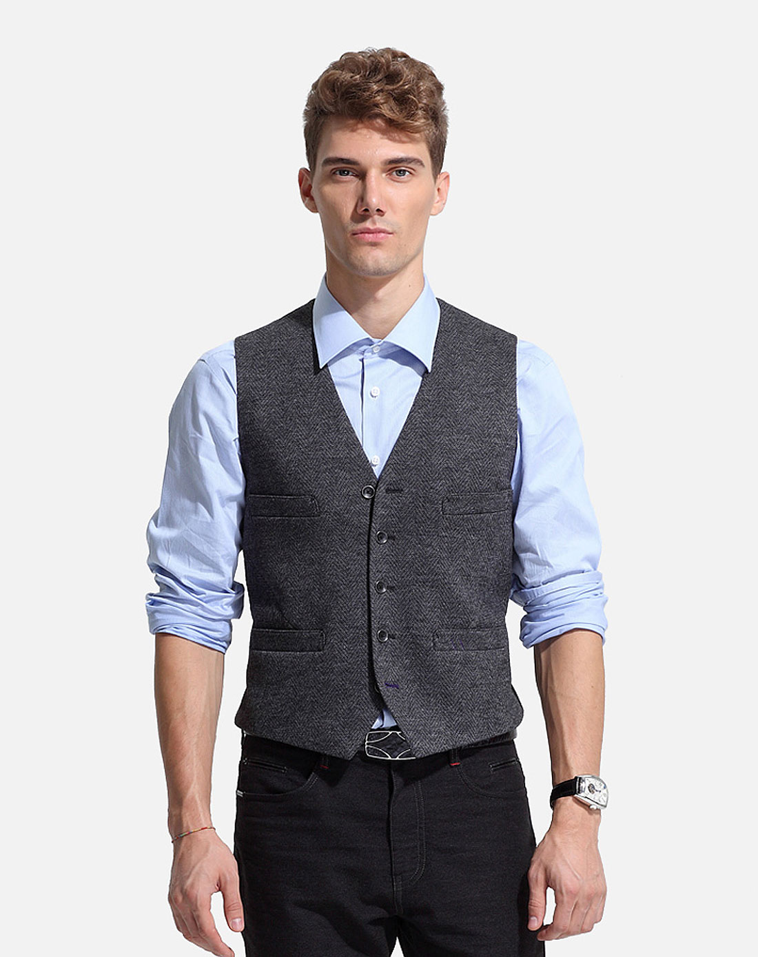 男款商务窄身黑灰格经典复古羊毛马甲