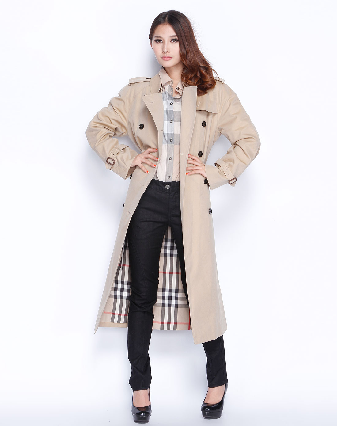 欧美精品服饰专场-burberry 女款卡其色双排扣长袖大衣