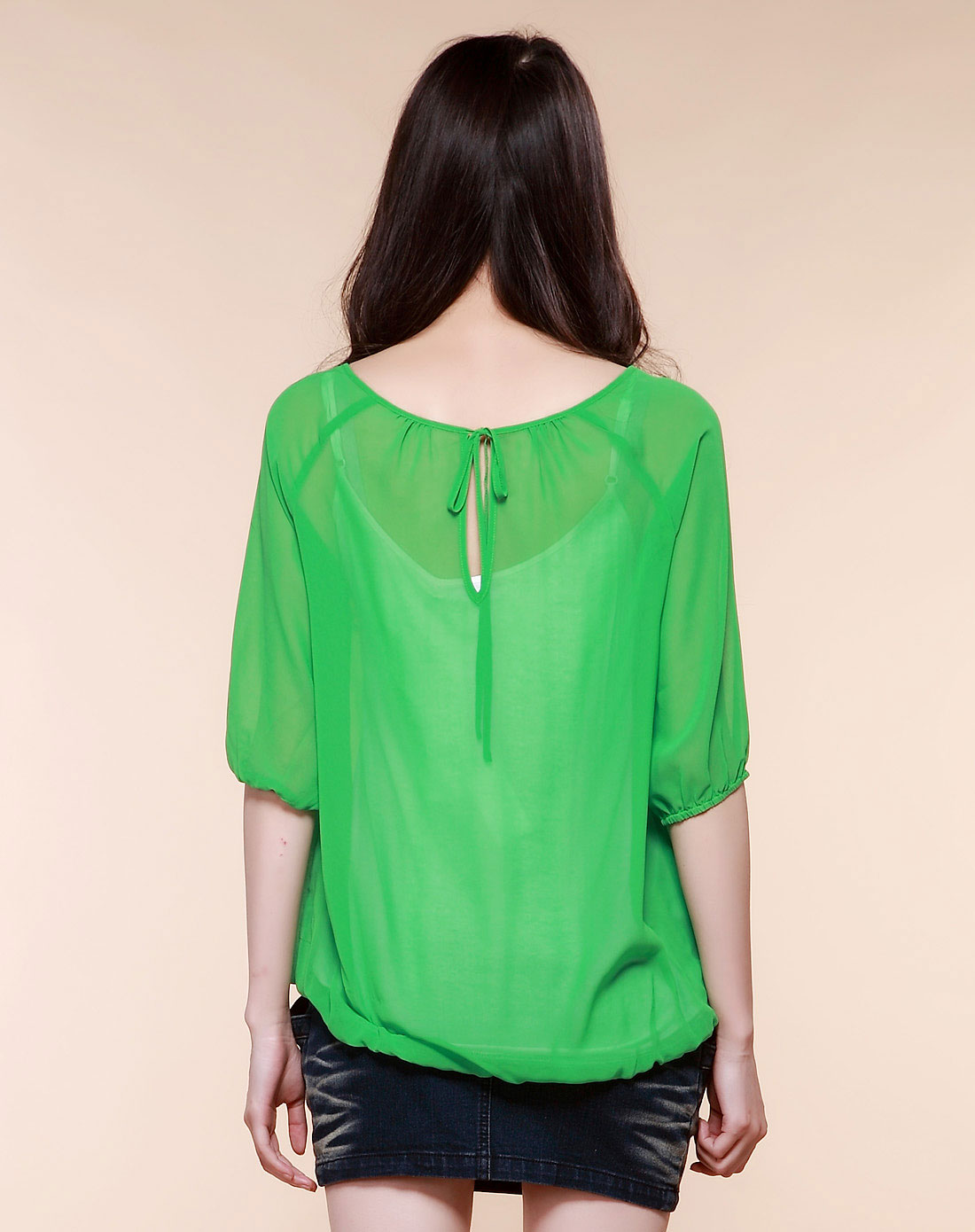 亮绿色春装淑女带中袖雪纺衫上衣