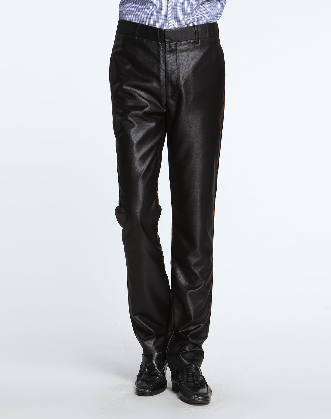 亮黑色修腿直筒长西裤