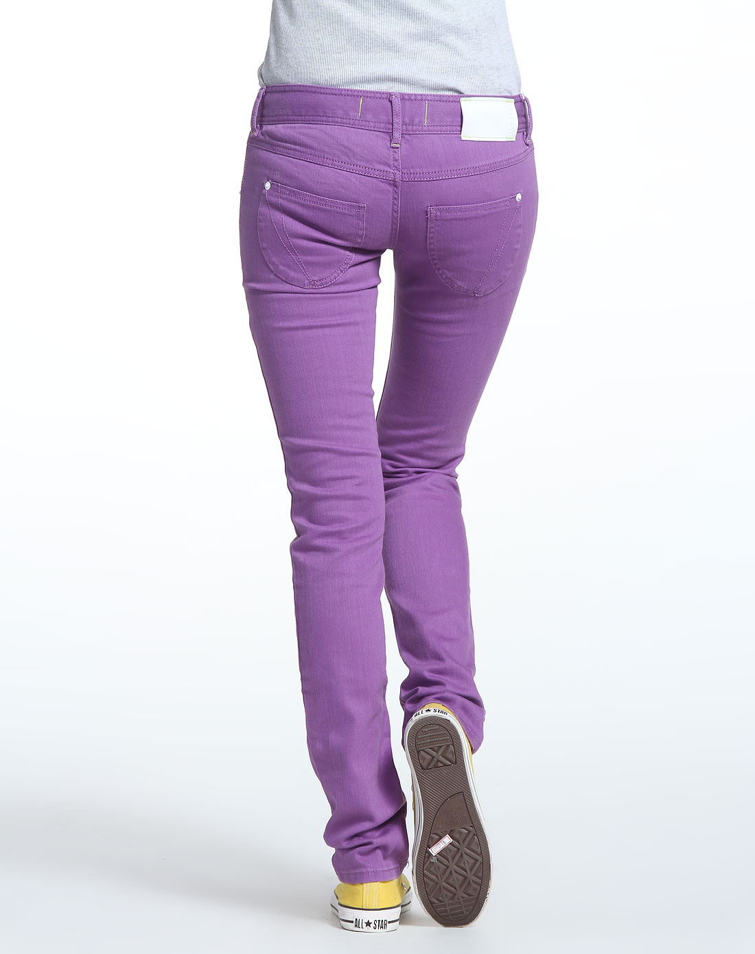 紫色简约紧身窄脚低腰牛仔长裤