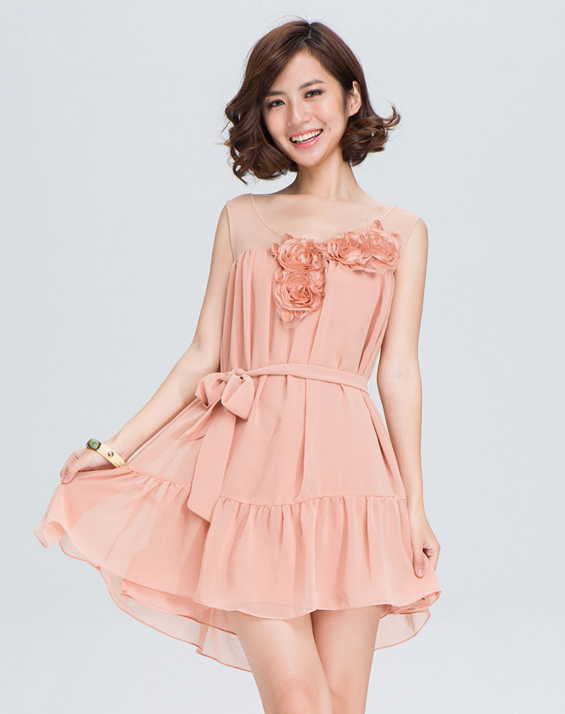 粉色雪纺玫瑰花连衣裙