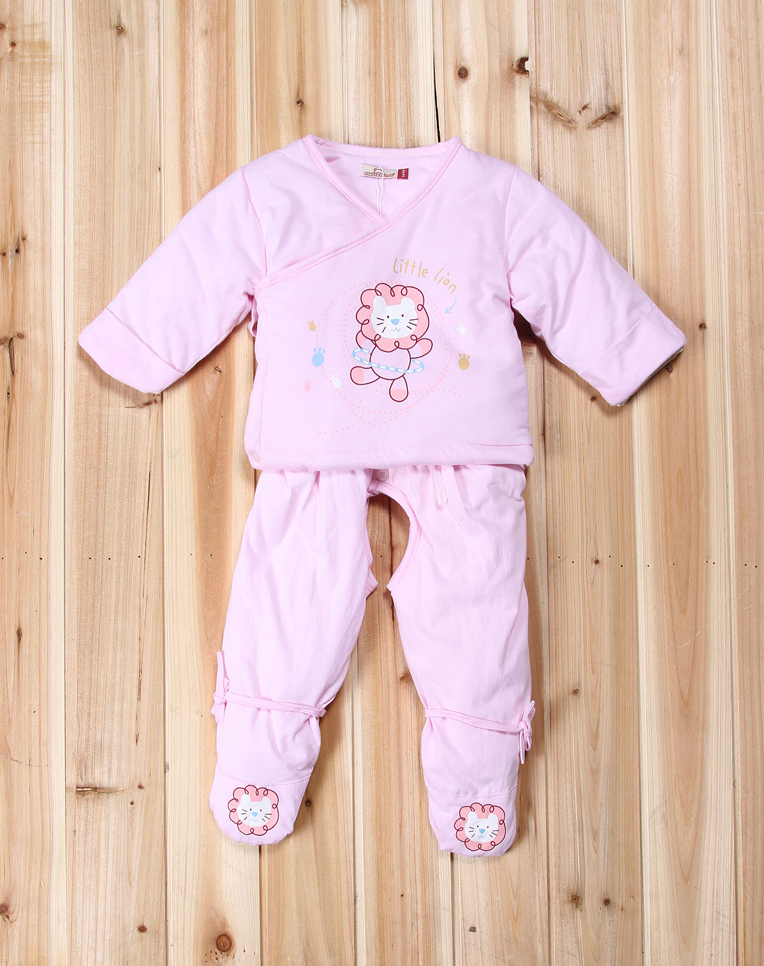 安贝儿 中性粉色可爱夹棉印图长袖三件套