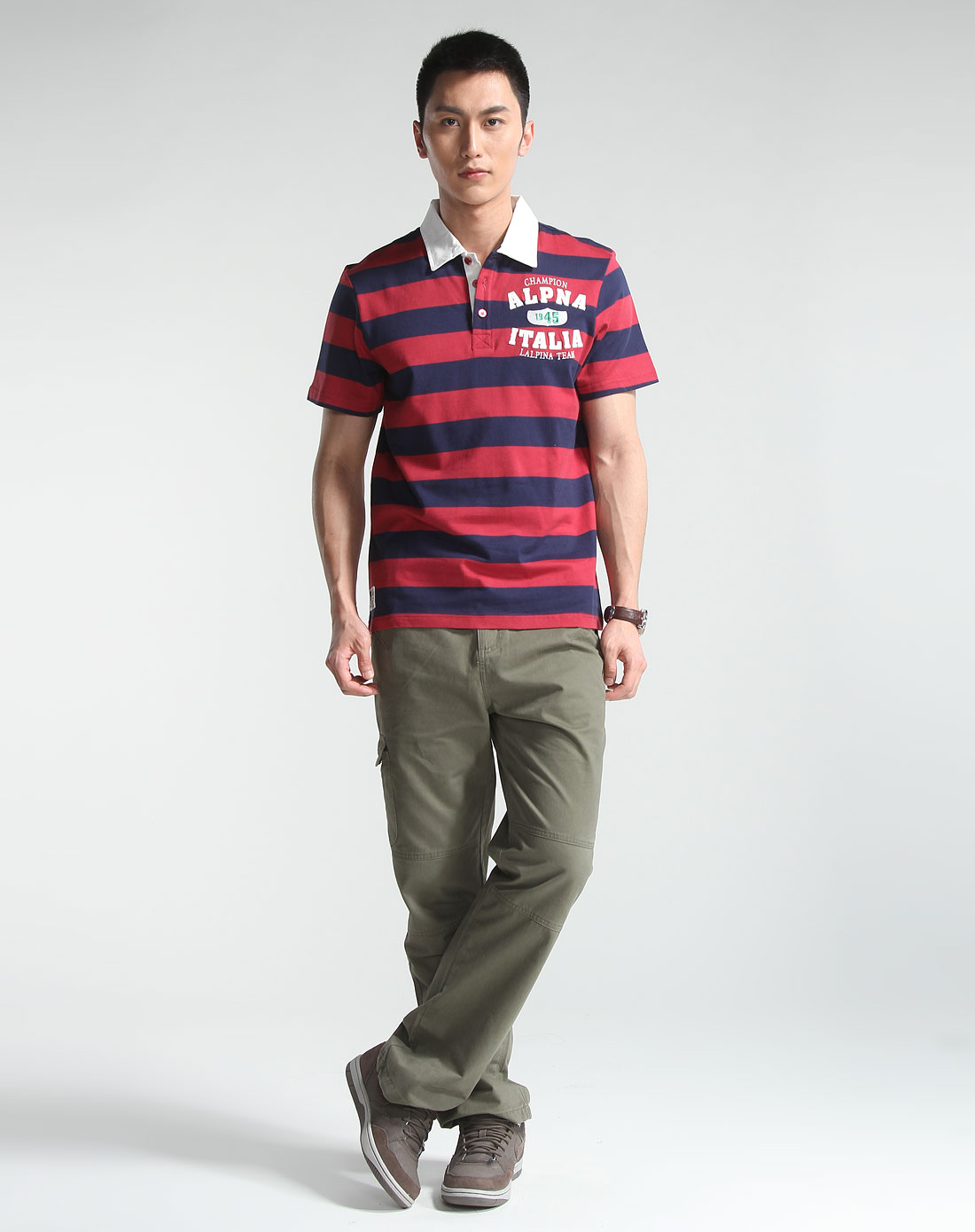 阿尔皮纳(袋鼠) 男款深红/深蓝色条纹休闲短袖polo衫