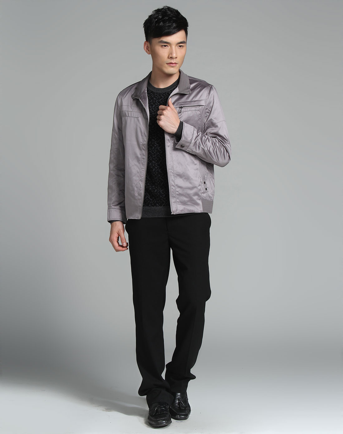 立领拉链酷帅炭灰色长袖外套