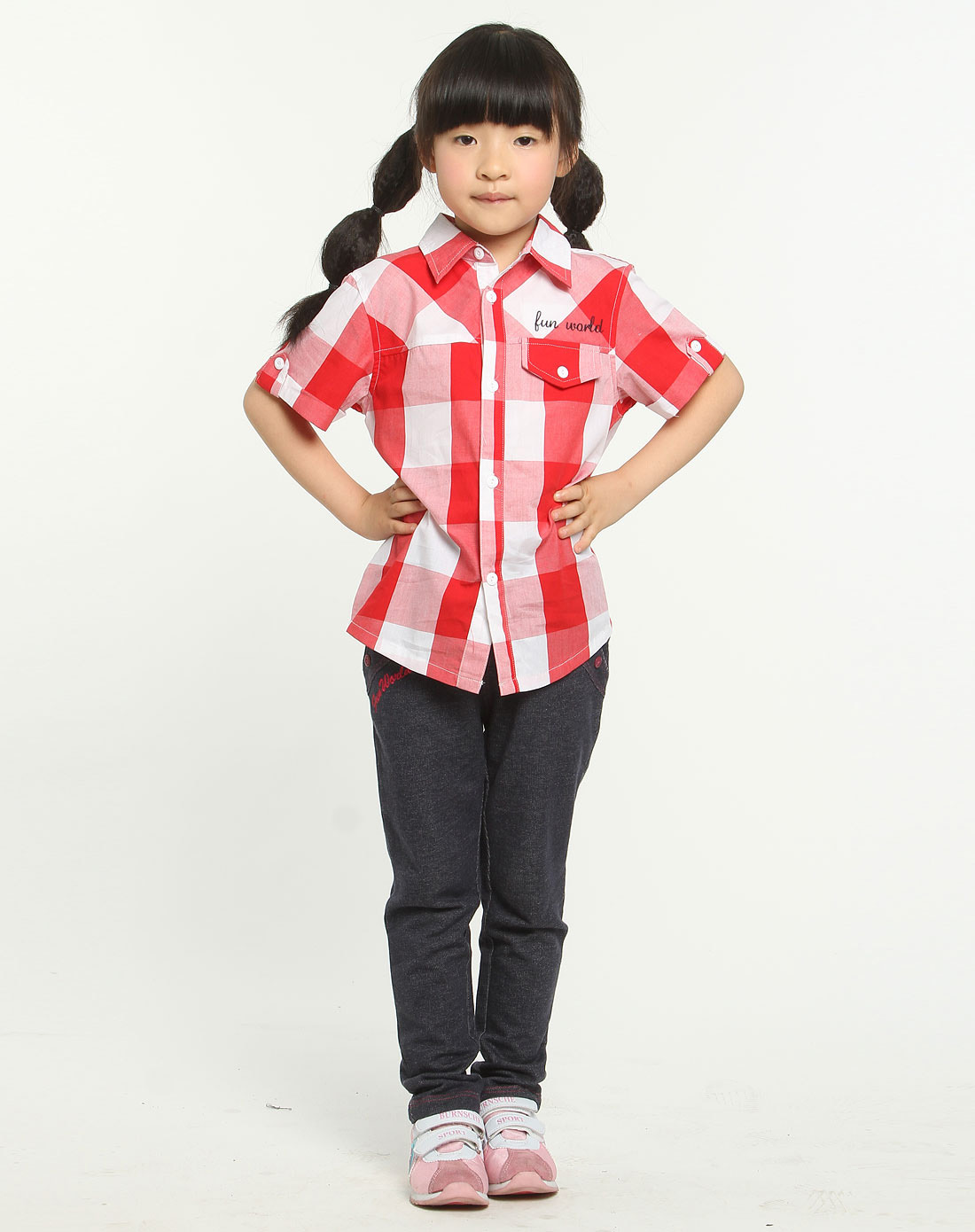 女童红白间色格子纹前卫时尚平织短袖衬衫