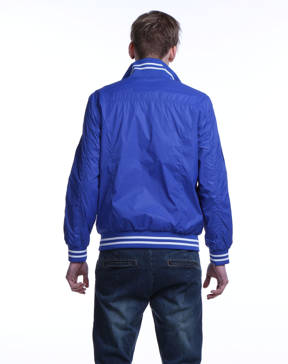 印字立领亮青蓝色长袖化纤夹克