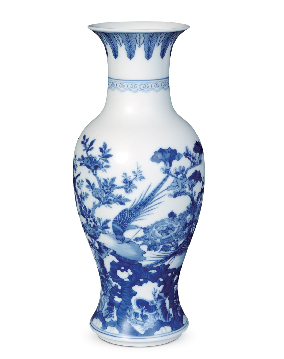 唐悦 仿清康熙青花花鸟纹鱼尾瓶