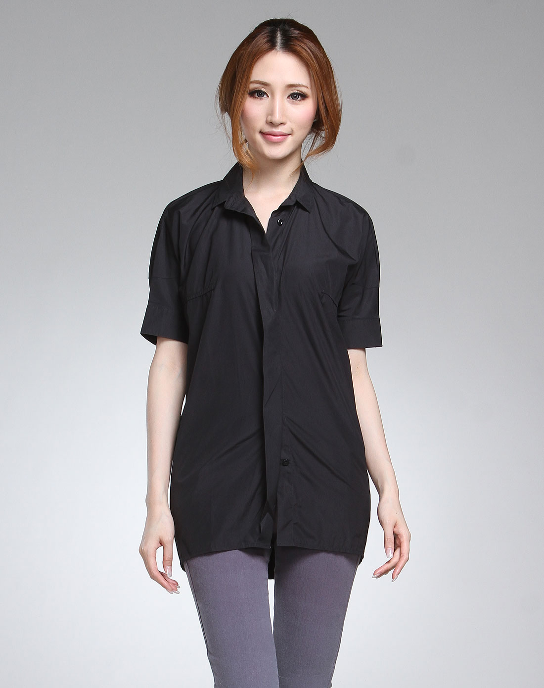 江南布衣jnby 浅黑色简洁气质短袖衬衫