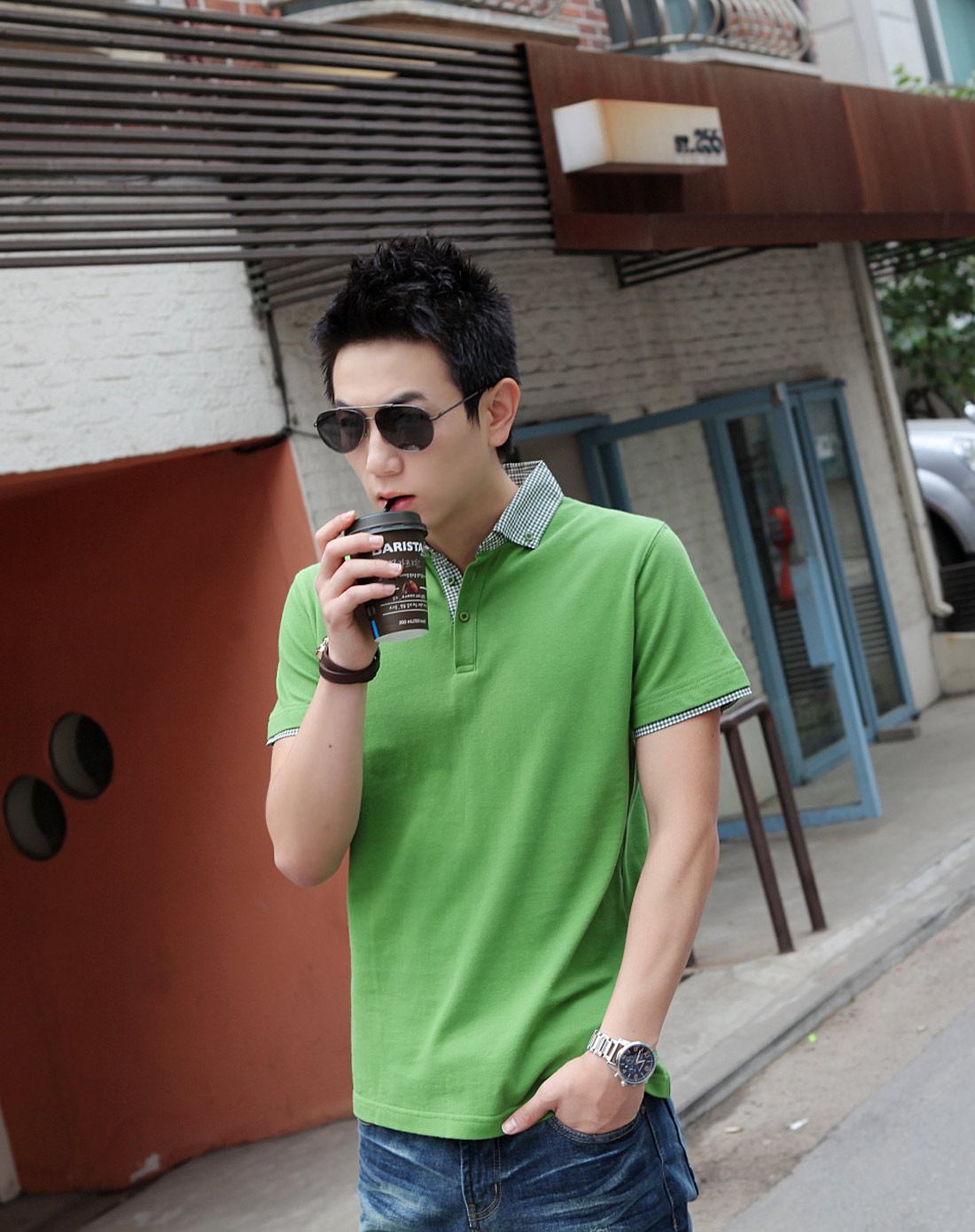 绿色格子领拼接短袖polo衫