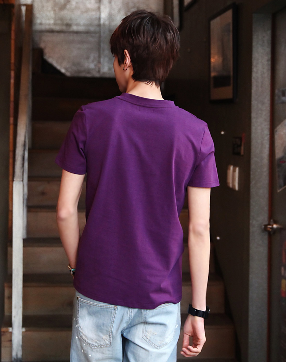 紫色圆领图案装饰短袖t恤