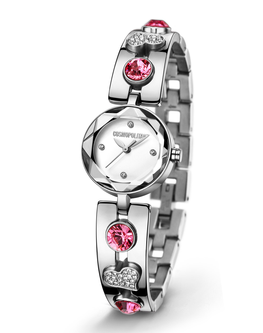 cosmopolitan手表专场-女表水晶玻璃镜面银色半手镯表带揉合心形水晶