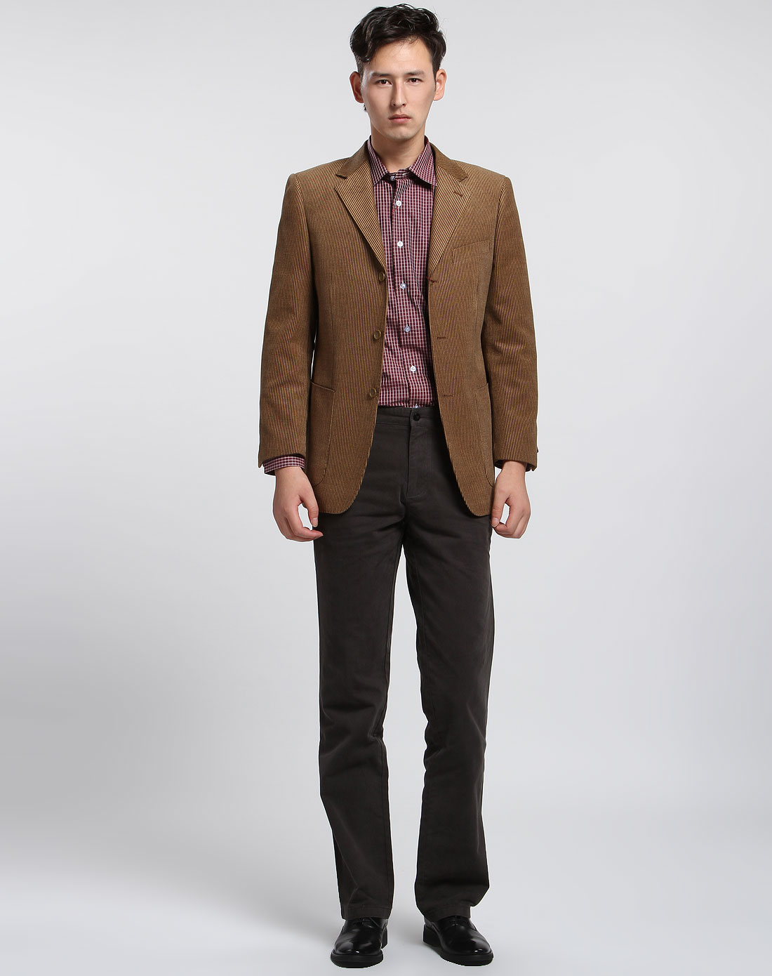男款咖啡色竖条纹长袖西服上衣