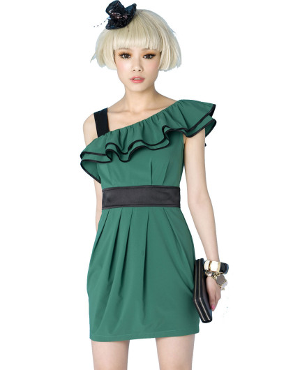 tt.color女装专场 绿色荷叶领露肩连身裙