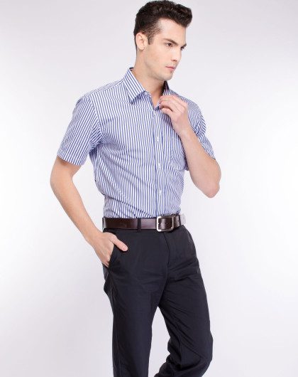 艾金诺uss azino男女装蓝白宽条纹短袖时尚商务衬衫320902_唯品会