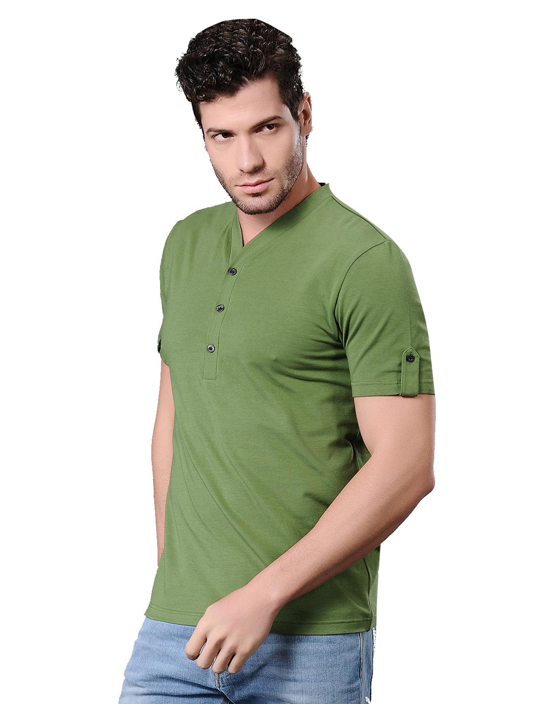 meilles 军绿色半开襟简约舒适短袖t恤