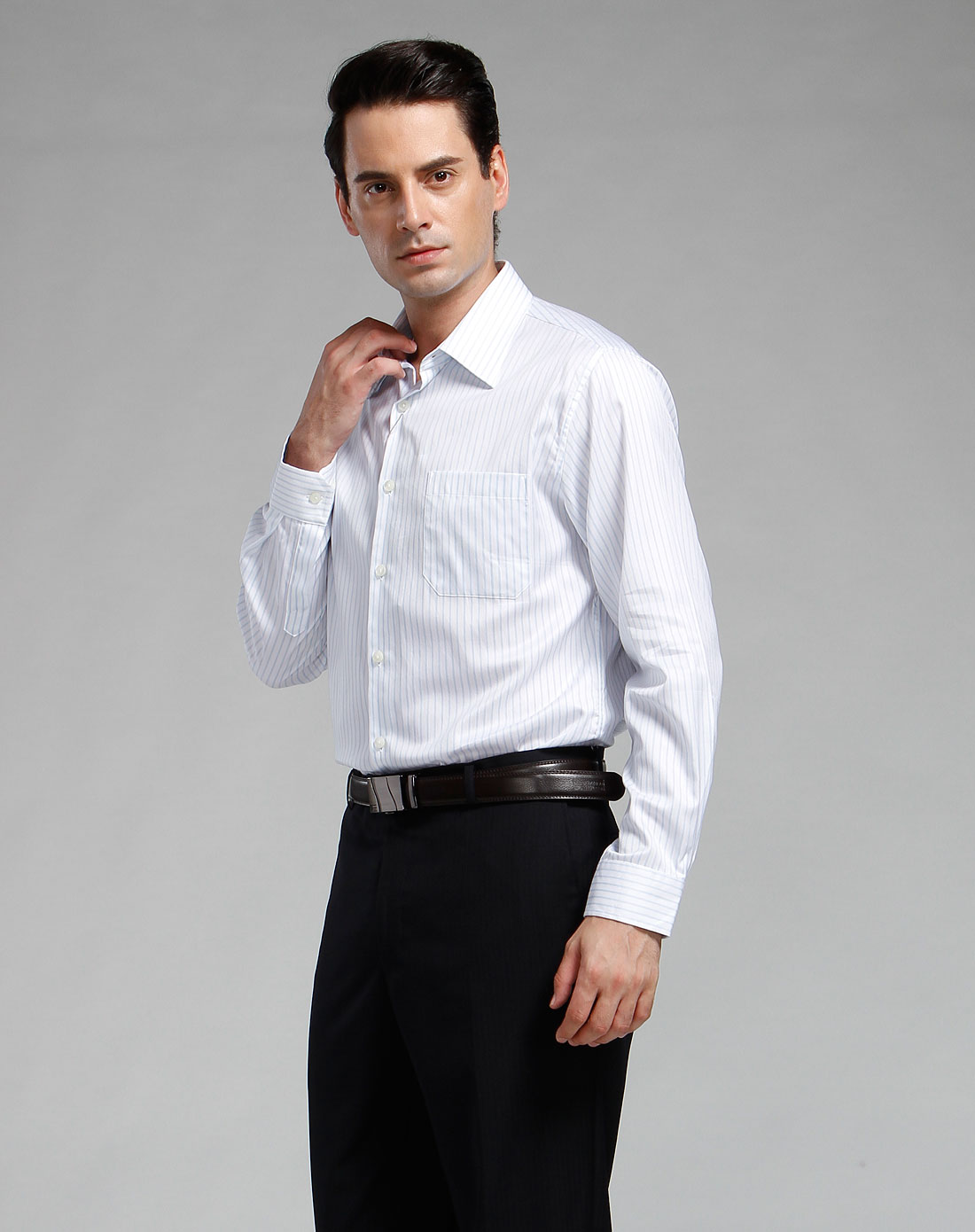 leo白/浅蓝色休闲条纹翻领长袖衬衫l2439b009931_唯品会