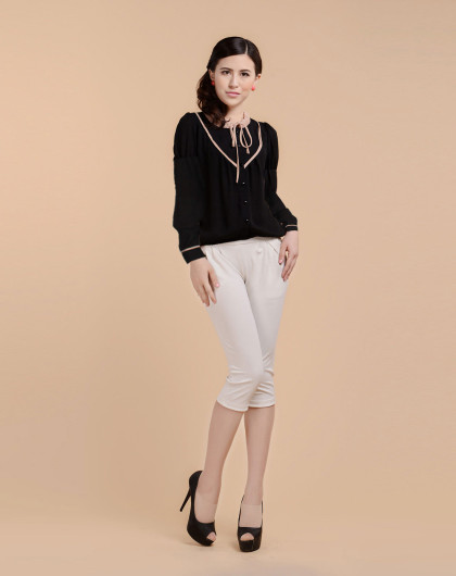 shish黑色单排扣系带领时尚长袖雪纺衬衫370702-999_唯品会