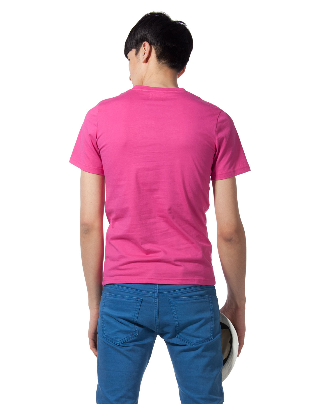 玫红色潮男粉红色纯色炫彩v领少男短袖t恤