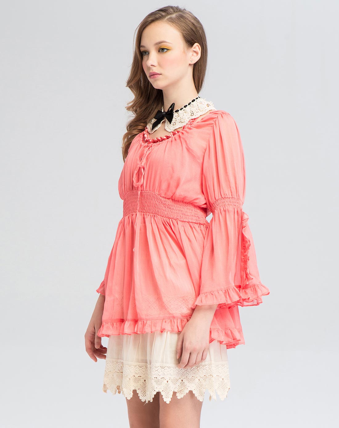 粉橘色公主袖长款衬衫