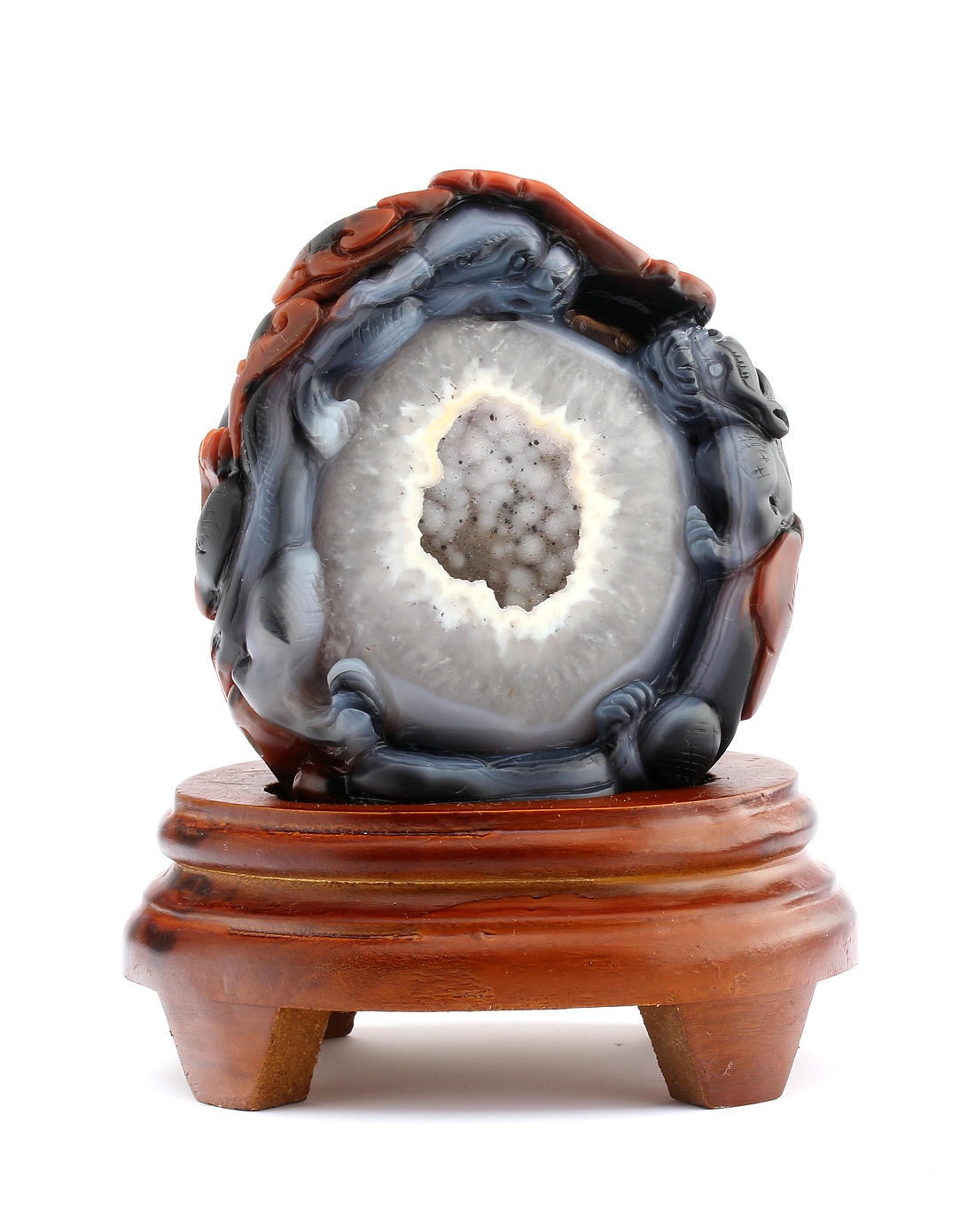 中性玛瑙晶洞双貔貅摆件(附证书)