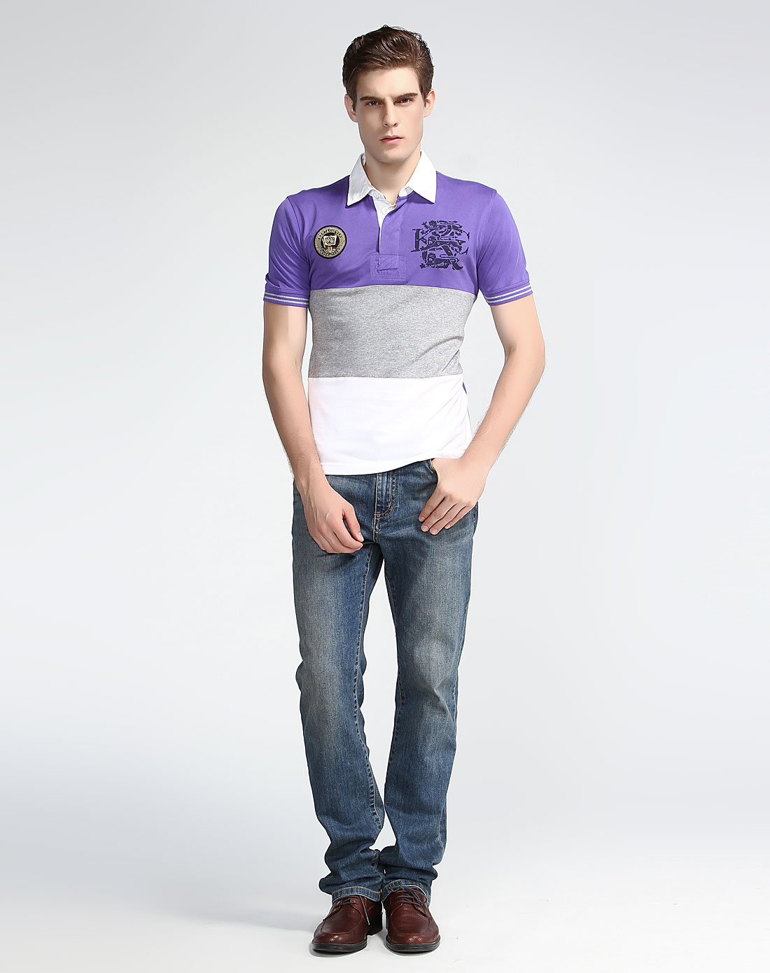 紫色间纹简约短袖翻领针织马球服