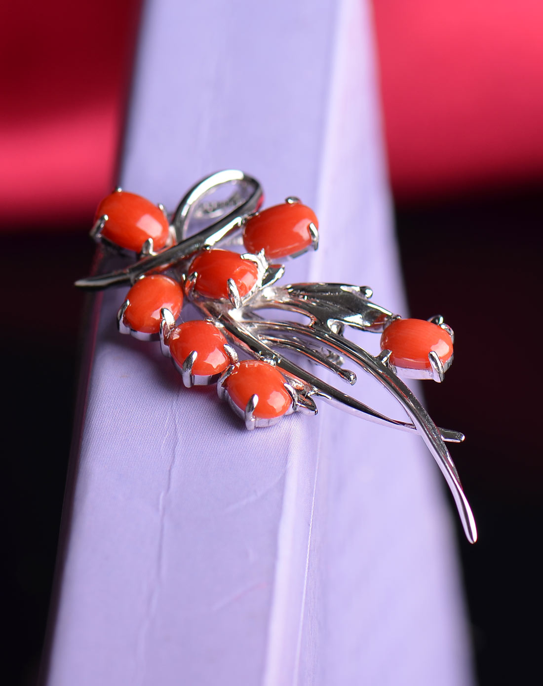 925银镶天然红珊瑚胸针胸花 鸿运