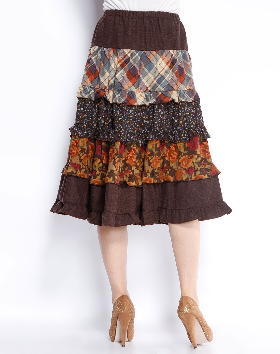 女款咖啡色波边接花蛋糕裙