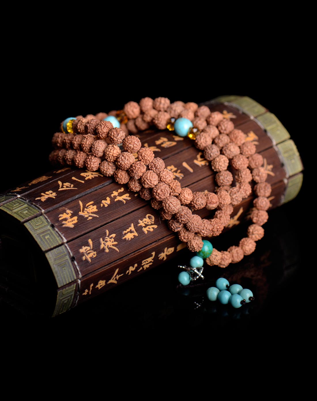 印度天然金刚菩提子配绿松石108佛珠手链 7mm