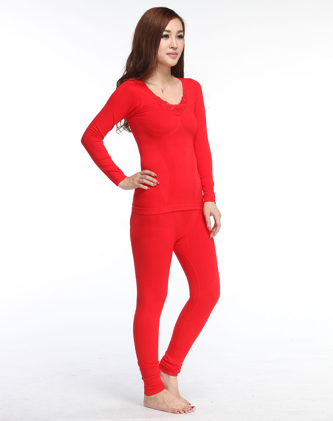 中国红色暖雅美体长袖内衣套装