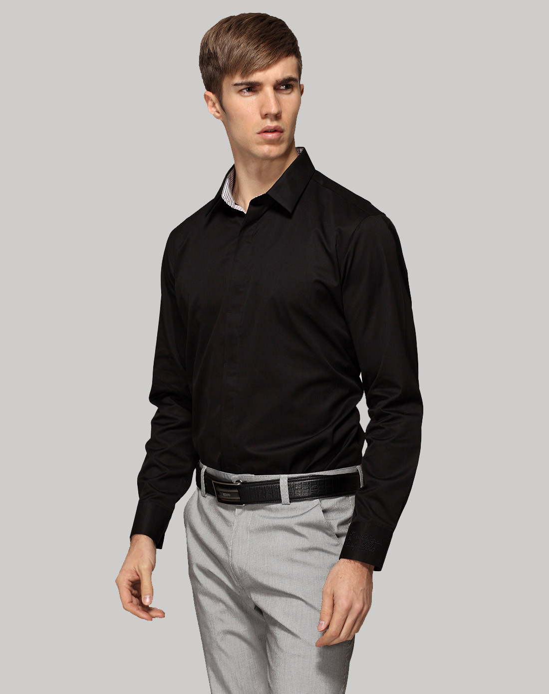 男款黑色成熟百搭翻领长袖衬衫