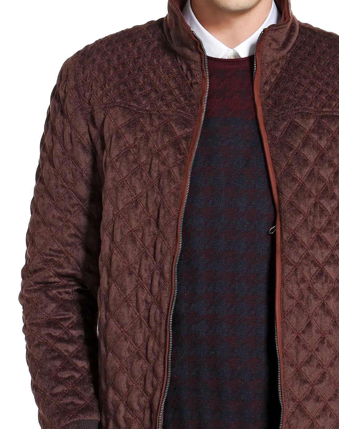 依文&诺丁山男装诺丁山灰红色时尚菱格车线长袖棉服nj83070018_唯品会