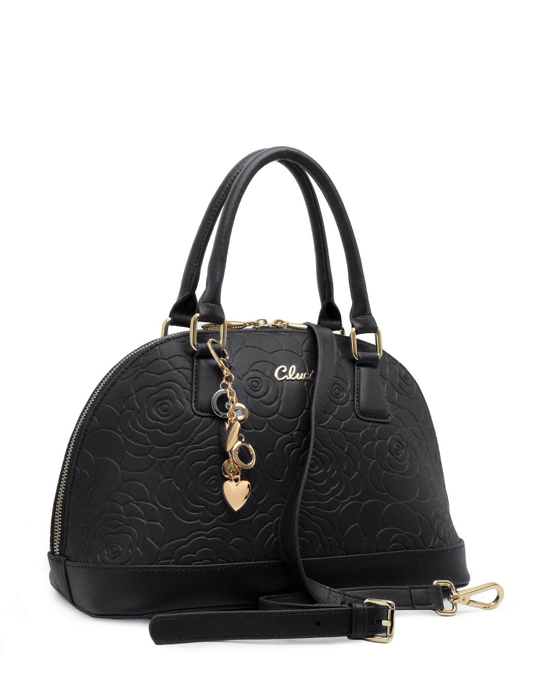 女士黑色牛皮复古山茶花贝壳包