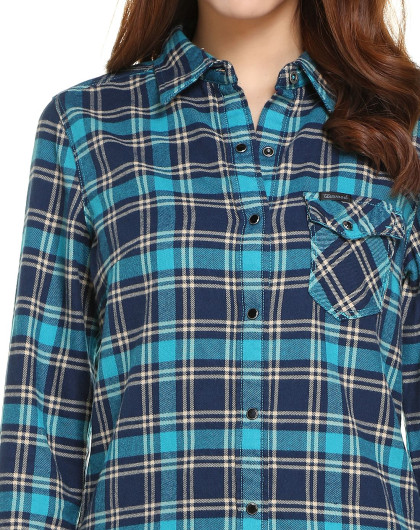 texwood男女装女款孔雀蓝/藏蓝色休闲格子长袖衬衫9626341apek_唯品会