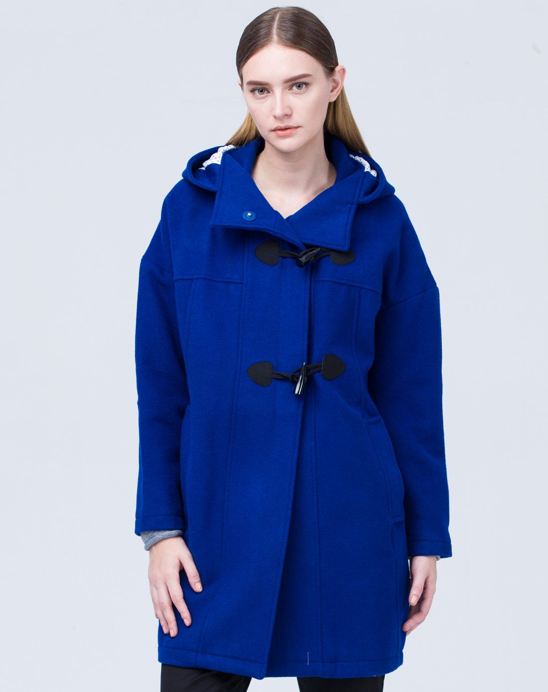深蓝色个性翻领连帽长袖毛呢大衣