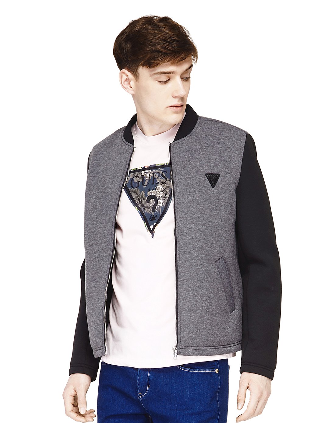 guess 经典酷感 早秋热门男装guess 男士简约拼接贴布logo半高领夹克