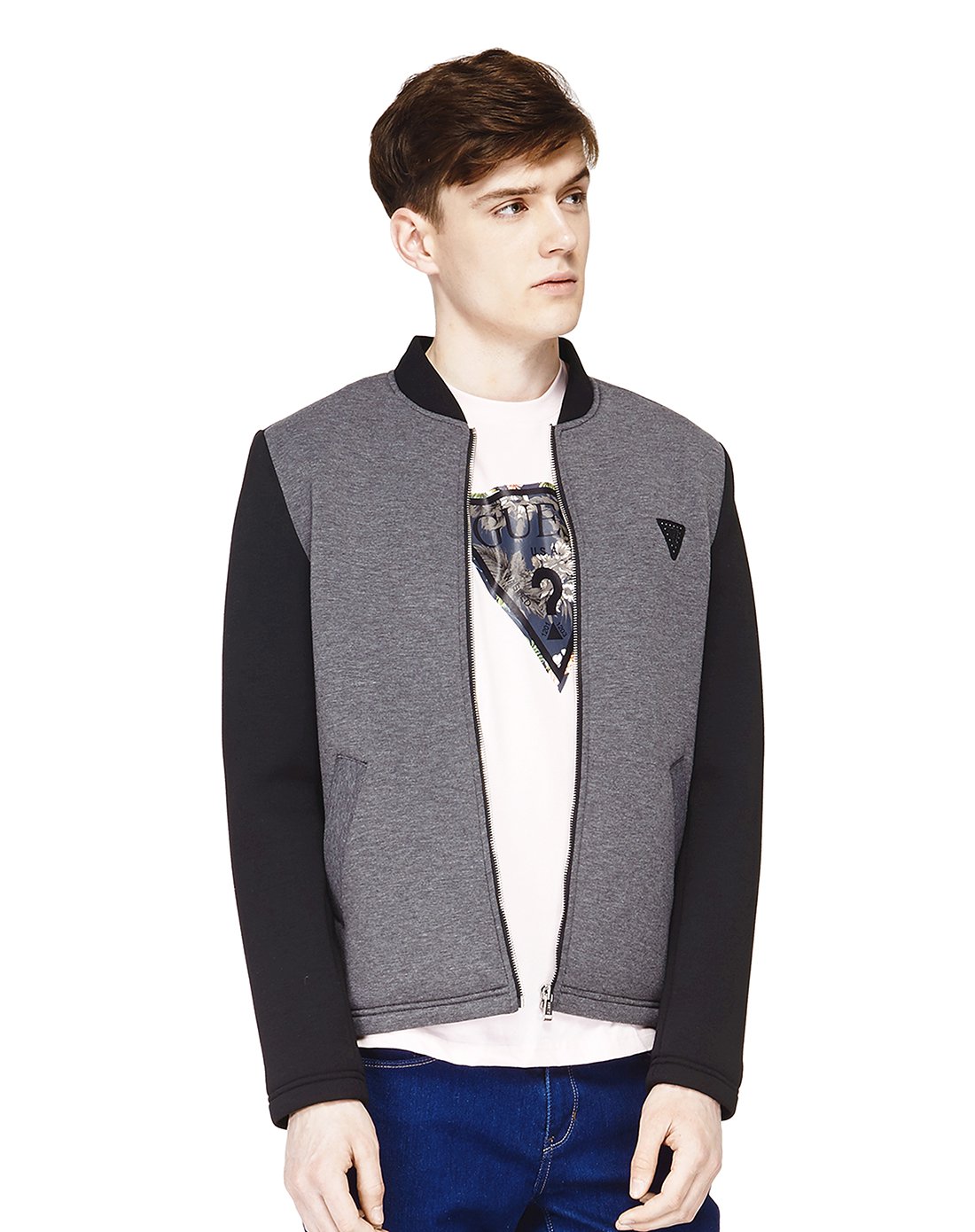 guess 经典酷感 早秋热门男装guess 男士简约拼接贴布logo半高领夹克