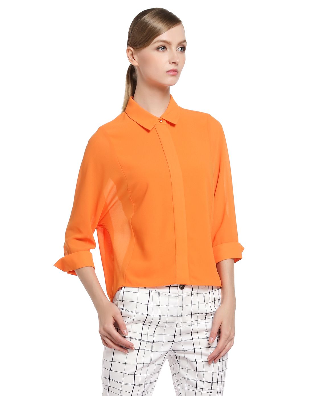 橙色简约潮流七分袖开襟上衣