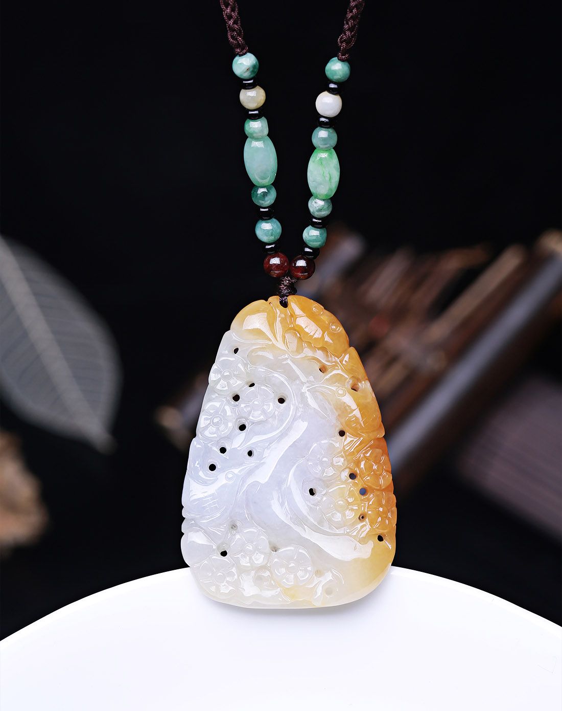 精工天然翡翠冰糯种三彩花开富贵挂件