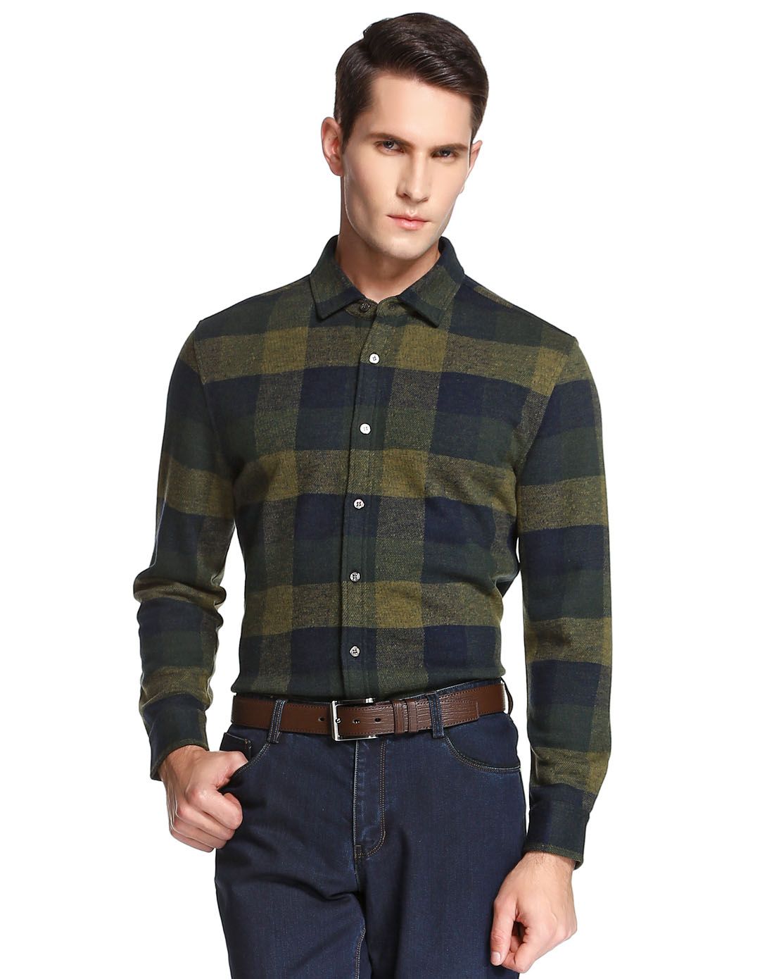 劳斯顿lawsiton精纺100%羊毛优雅大格柔软舒适绿格羊毛衫152412778