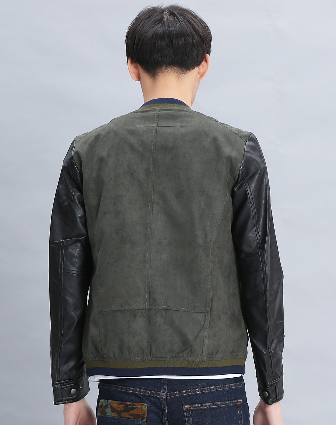 深绿男装拼皮袖子夹克
