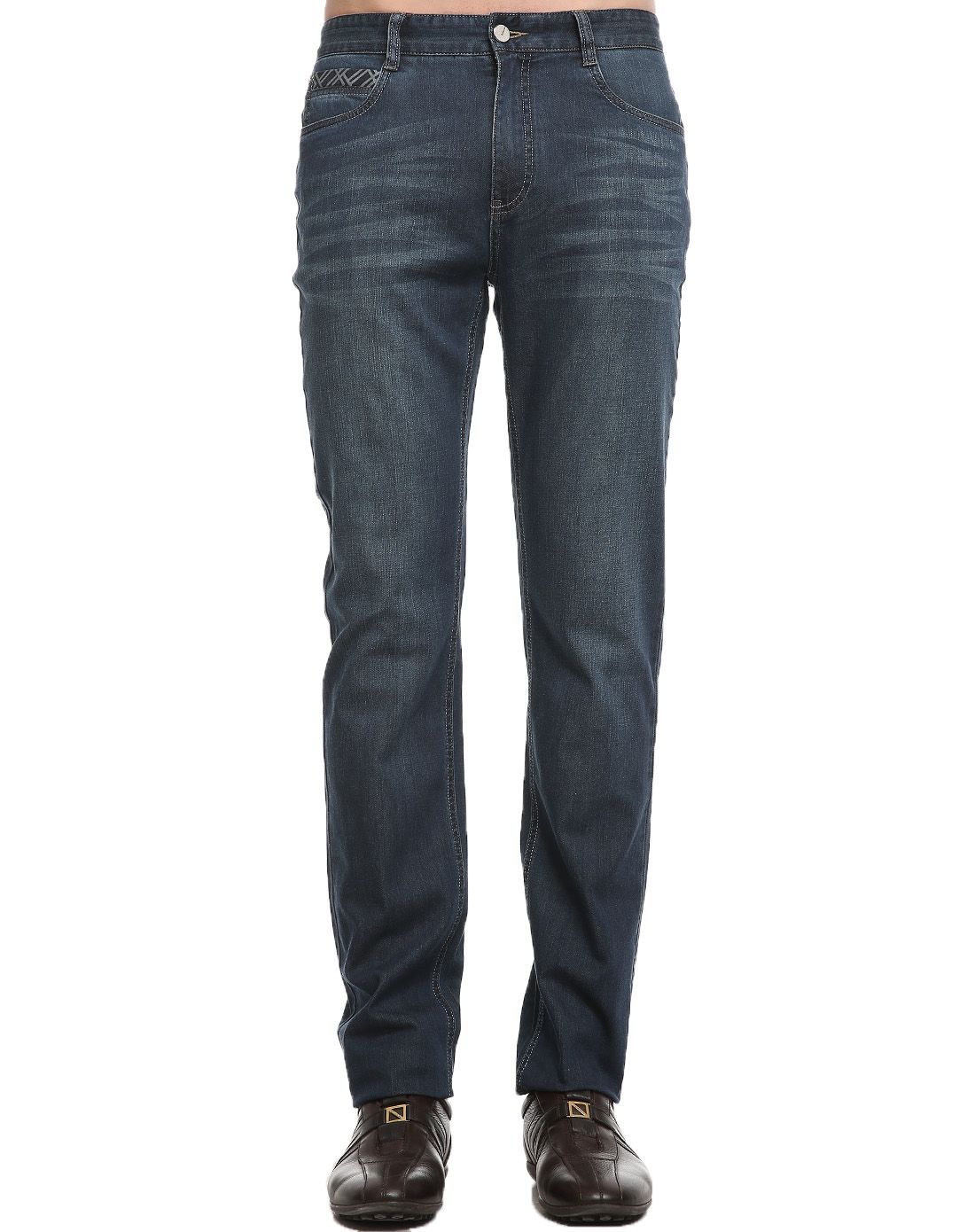 宝蓝色装订金属扣孝洗经典五袋款牛仔裤