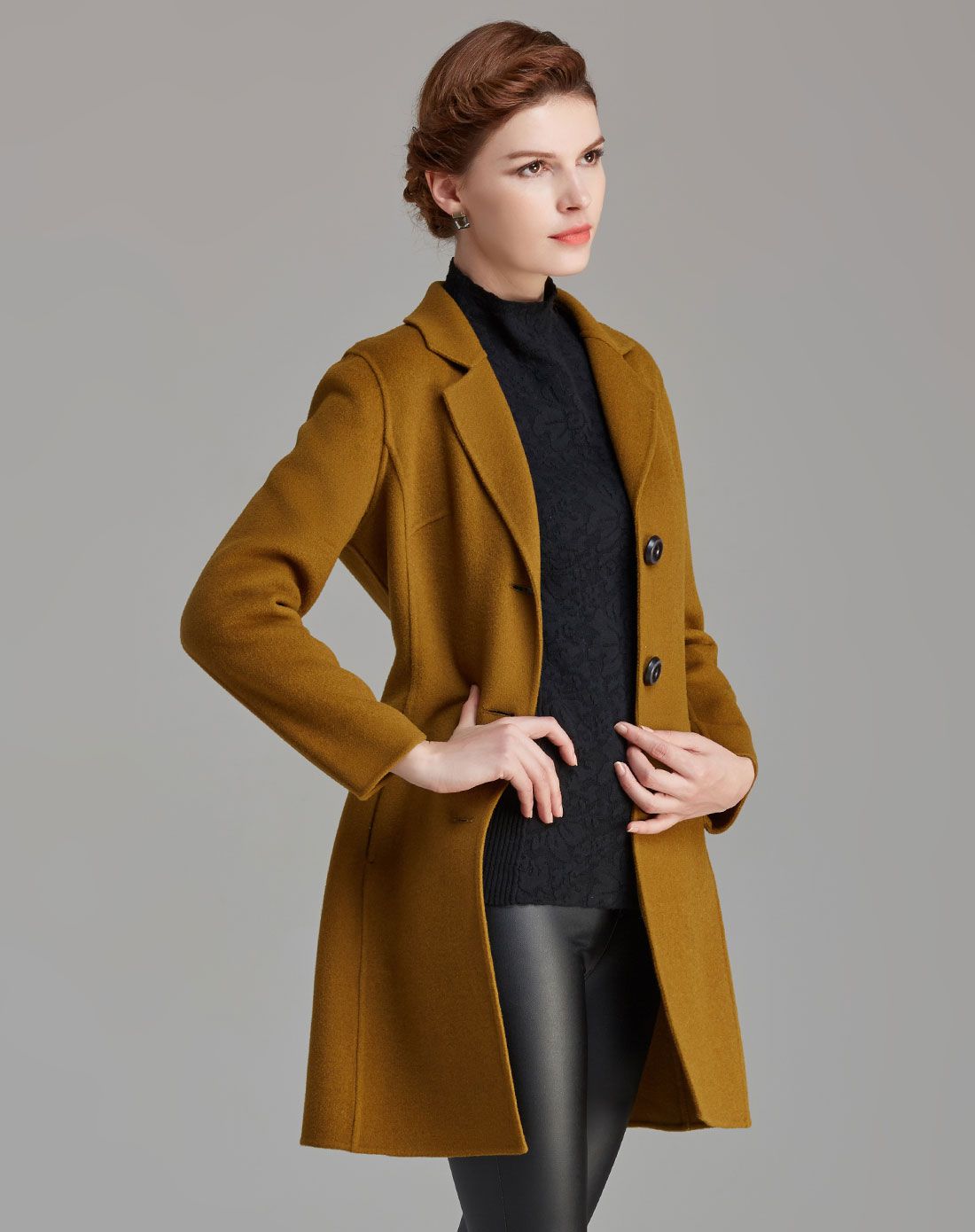 芥末黄色气质修身双面毛呢外套