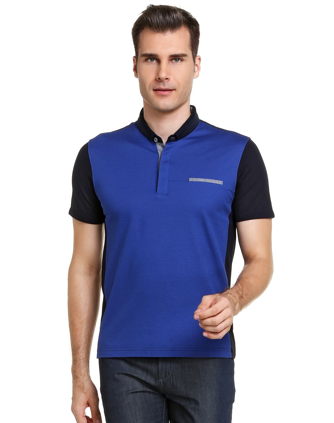 深蓝/藏蓝色时尚拼接小翻领短袖t恤